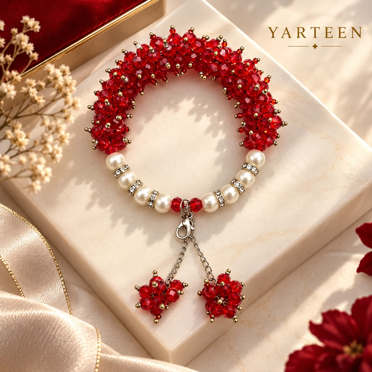 Red Premium Beaded Pearls Gajra Bracelet