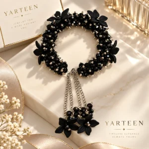 Black Flowers Crystals Beaded Bracelet Gajra