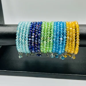 Single amber gold crystal beaded bangle worn casually showing everyday sparkle and comfortable fit for women