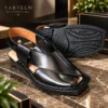 Premium men's black leather Peshawari chappal with single sole traditional design