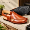 Premium men's brown leather Peshawari chappal with single sole traditional design and detailed stitching