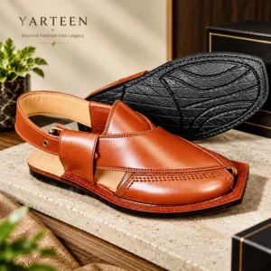 Premium men's brown leather Peshawari chappal with single sole traditional design and detailed stitching