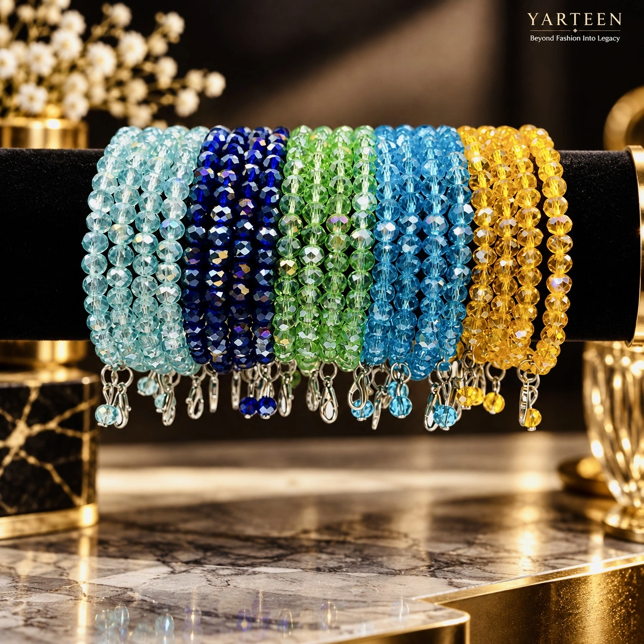 Set of five multicolour crystal beaded bangles in sky blue, royal blue, emerald green, turquoise, and amber gold for women