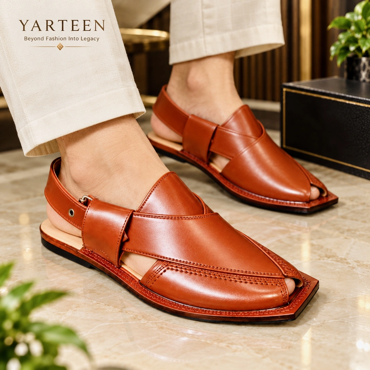 Side profile view of brown Peshawari chappal showing single leather sole construction and heel design